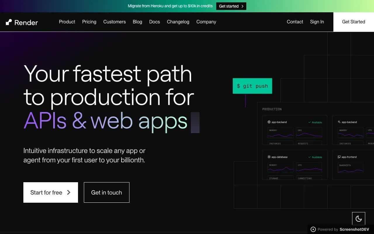 render.com in dark mode