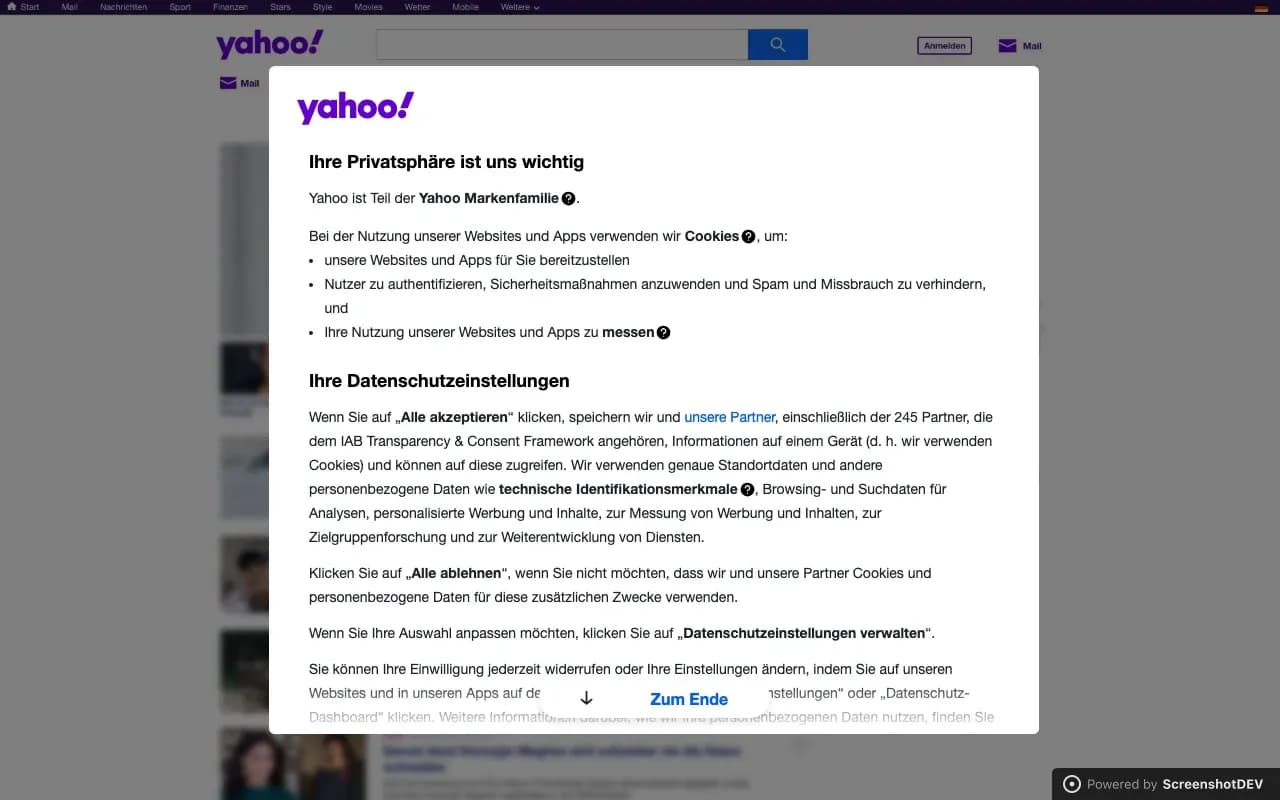 Yahoo with ads, cookie banners, and popups